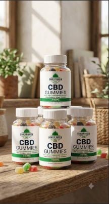 Bottles of Forest Green Farms CBD Gummies on a wooden table