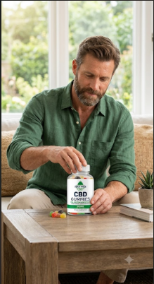 Man opening a bottle of Forest Green Farms CBD Gummies at home